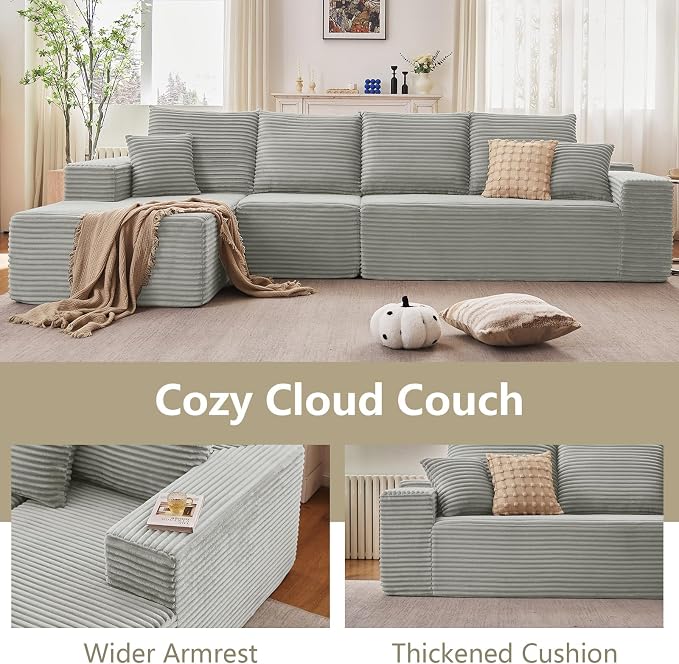 135" Cloud Sectional Couch with L-Shape Chaise, Upholstered Corduroy Couches Sleeper Chaise Longue, Modern Modular Comfy Deep Seat Sofa for Living Room Bedroom, No Assembly Required, Grey