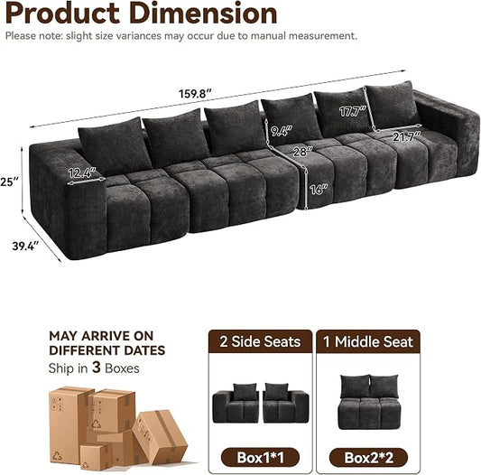 160" Oversized 6 Seater Boneless Couch, Comfy Cloud Modular Sectional Sofa with Deep Seat, Modern Boneless Memory Foam Couches for Living Room, Tufted Sofa, No Assembly Required, Dark Grey