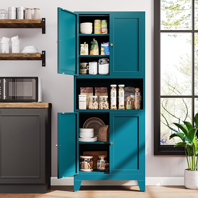 69"H Metal Pantry Cabinet with Microwave Stand,Tall Kitchen Storage Cabinets,Blue Food Pantry Cabinet with 4 Doors and Shelves, Large Hutch Cabinets for Kitchen, Dining Room, Living Room and Bathroom
