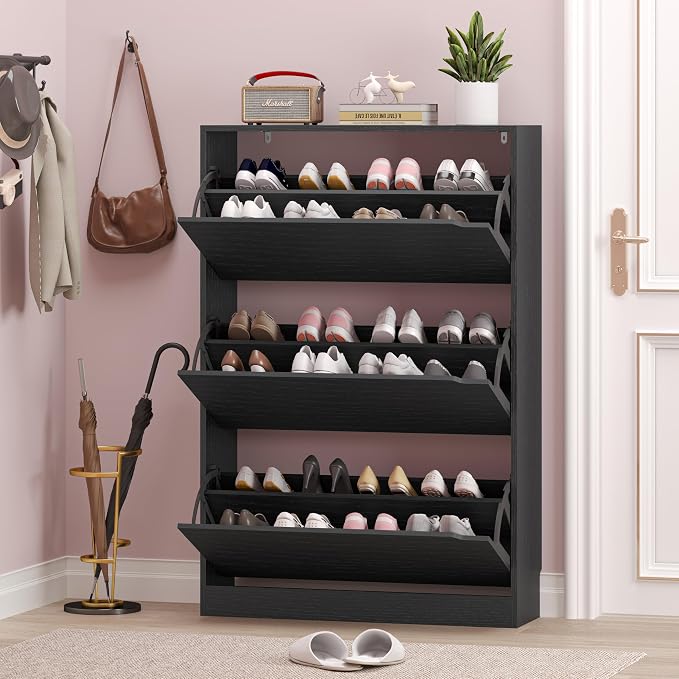 BORNOON Shoe Storage Cabinet with 3 Flip Drawers,Narrow Shoe Rack Cabinet,Freestanding Organizer Storage for Entryway, Hallway, Black