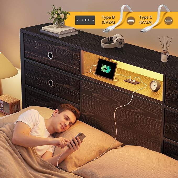 Homkdom Queen Bed Frame,8 Drawers,LED Lights,Charging,Headboard,Black | 8 Fabric organizers , USB and Type-C power ports, Supports up to 880 lbs,Noise-free and quick assembly for bedroom
