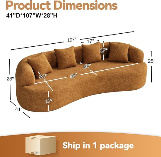 114" Curved Sofa for Living Room, Modern Chenille Cloud Couch Sofa, Luxury Plush Extra Deep 4-Seater Oversized Boucle Couch for Small Spaces, Apartment, No Assembly Required, Orange