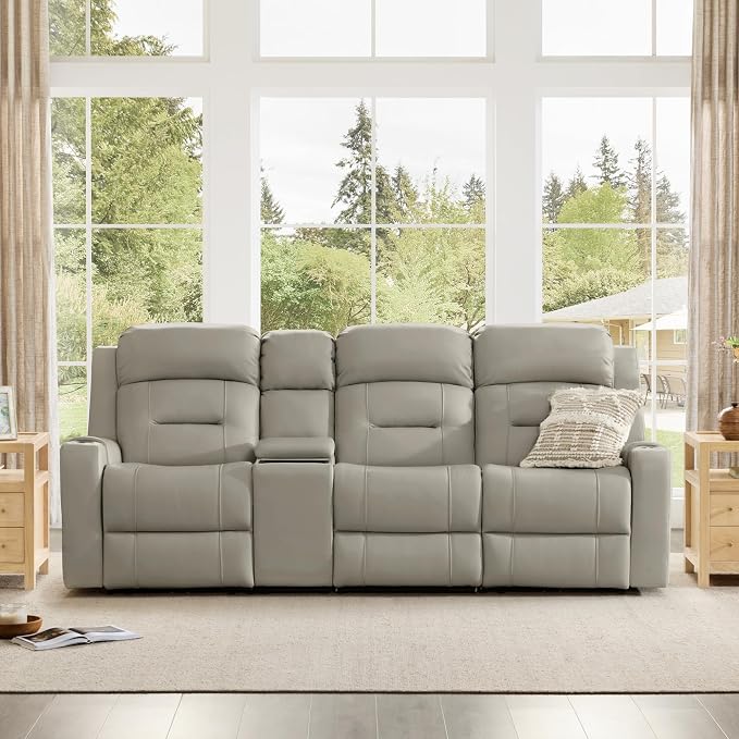 Watson & Whitely Genuine Leather Power Recliner Sofa, Lay Flat Reclining Sofa with Storage Console, Power Headrest & Cup Holders, 3 Seater Electric Reclining Couch for Living Room, Grey