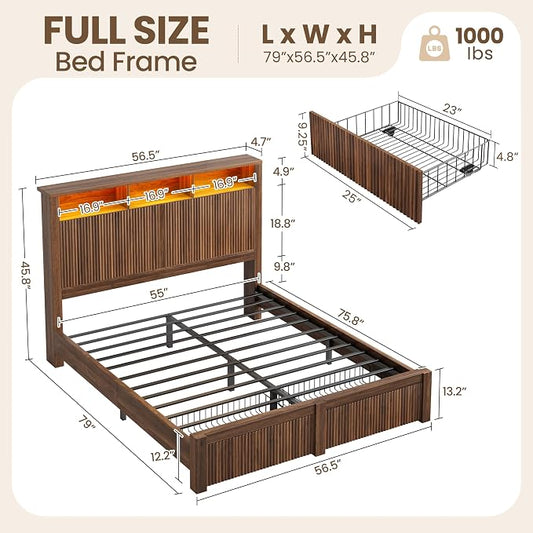 CypBed Full Size Bed Frame with Headboard and Storage Drawer, Full Bed Frame with LED Light and Charging Port, Farmhouse Wavy Design, Wood & Metal Platform, Noise-Free, No Box Spring Needed, Walnut
