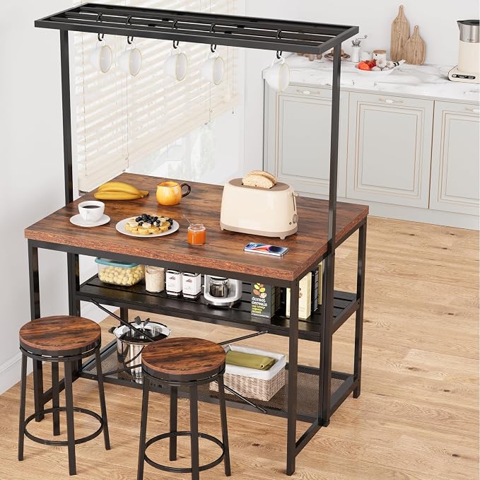 GarveeHome Kitchen Island with Storage, 42''Island Table for Kitchen with Seating Bakers Rack Microwave Oven Stand Shelf with 3 Tier Storage Shelf for Dining Room Living Room, 5 Hooks 42"*28"*72"