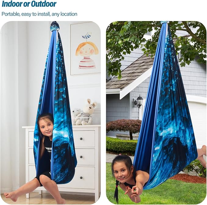 Sensory Swing for Kids & Adults Holds up to 300lbs Indoor & Outdoor Double Layer Therapy Cuddle Swing with 360° Swivel Hanger Kit for Calming, Effect for Autism, ADHD or SPD. (Ice Teal)