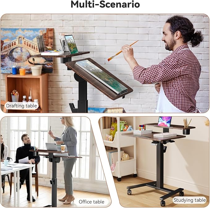 28 inch Mobile Standing Desk On Wheels, Small Computer Workstation Adjustable Height,Rolling Laptop Stand with Tiltable Desktop, 2-Tier Portable Study Table with Storage Shelf, Walnut
