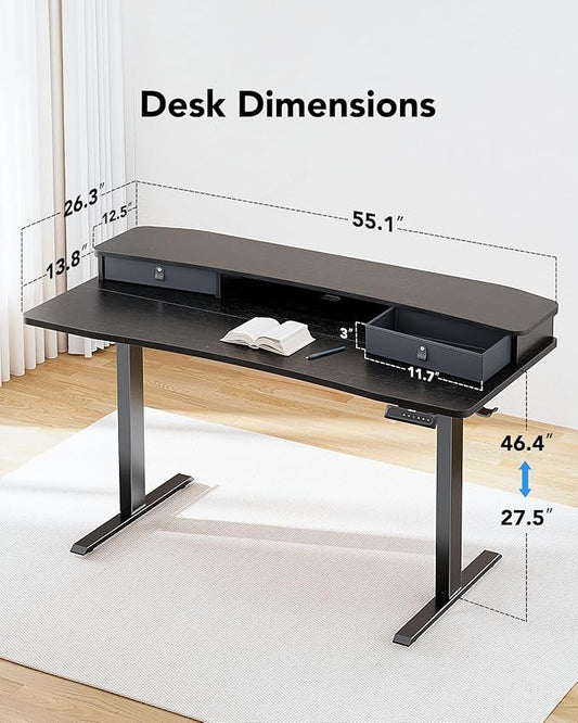 HUANUO 55″ x 26″ Electric Standing Desk with 2 Drawers, C-Clamp Mount Compatible, Height Adjustable Computer Desk, Home Office Stand Up Desk with 4 Preset Heights & 2 Hooks, Black