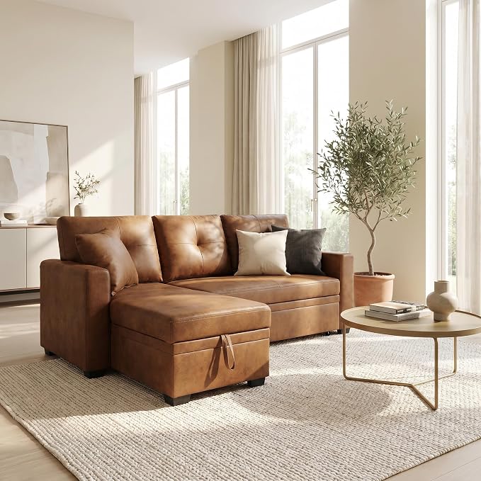TYBOATLE Convertible Sofa Bed Couch with Reversible Storage Chaise, 71" L Shaped Pull Out Couch Bed, Comfy Linen Fabric Sleeper Sofa for Living Room, Apartment & Guest Room (Brown)