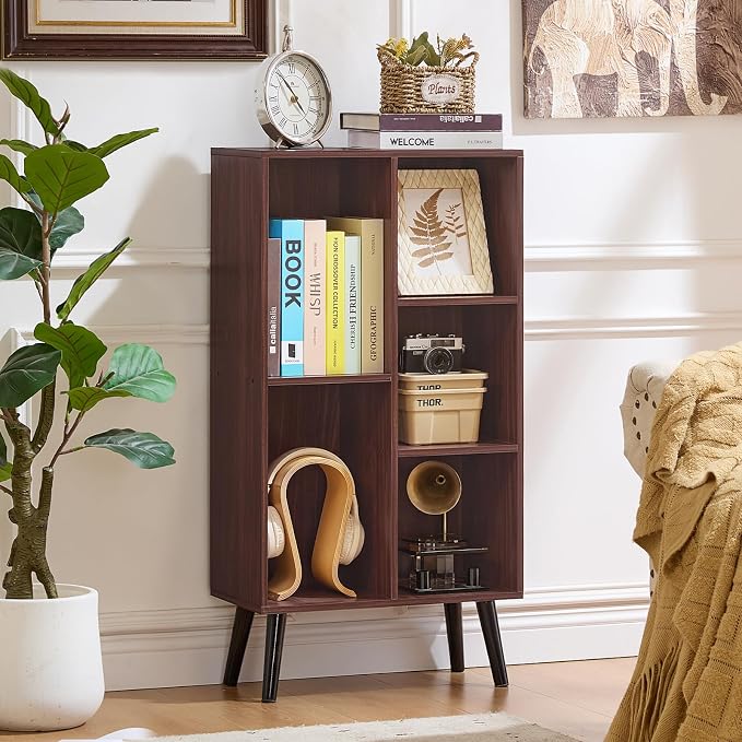 LEYAOYAO 5 Cube Bookshelf 3-Tier Bookcase with Legs,Mint Walnut Kids Book Shelf Cute Storage Organizer,Free Standing Open Toy Shelves Wood Bookshelves,Display Bookcases for Bedroom,Living Room,Nursery