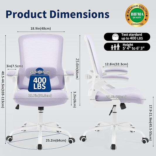 Ergonomic Office Chair, Desk Chair with Adjustable Lumbar Support, Breathable Mesh Comfy Computer Chairs with Flip-up Armrests Executive Task Chair for Adults Home Office(Lavender)
