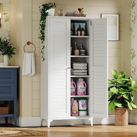 63.6" White Metal Pantry Storage Cabinet, Farmhouse Kitchen Cupboard with 3 Adjustable Shelves, Magnetic Closure, Anti-Tip Kit & Raised Legs for Kitchen, Living Room, Assembly Required
