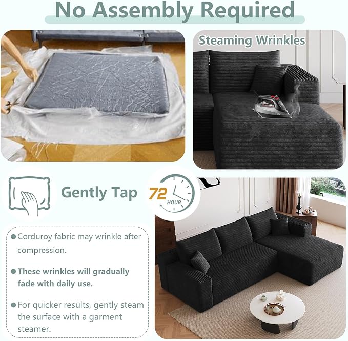 95" Modular Sectional Sofa, Modern Corduroy Cloud Couch with Side Pockets, Boneless Couch Upholstered 3-Seater L-Shaped Sofa for Living Room, No Assembly Required (Black,Right-Facing Chaise)