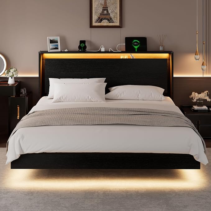 Einhomn King Size Bed Frame with LED Lights & Charging Station – Wood Floating Bed Frame with Storage Headboard, Adhesive Slats, Kick-Free & Noise-Free Design, Easy Assembly, Black