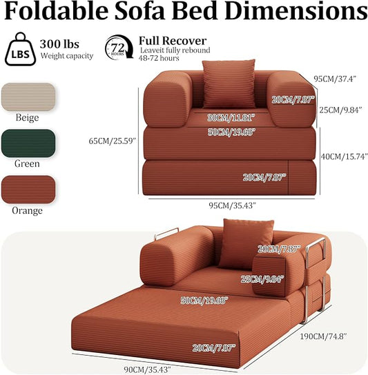 Single Couch Sofa for Small Spaces 2 in 1 Convertible Sofa to Lounger Comfy Bean Bag Chair for Adults with Removable Cover with Pillows for Bedroom, Apartment, Office (Orange, 35.43" Single Sofa)