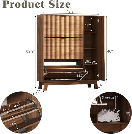 Shoe Cabinet Storage for Entryway with 3 Flip Drawers & Side Cabinet, Fluted Narrow Shoe Organizer with Wooden Leg, Freestanding Shoe Storage Hidden Shoe Rack Organizer for Front Door Entrance, Walnut