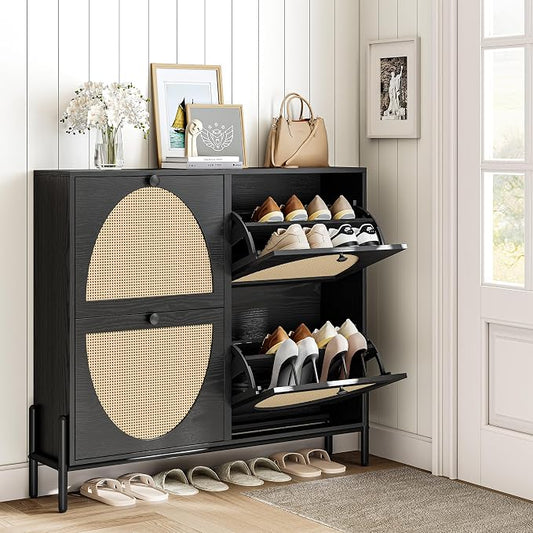 IRONCK Rattan Shoe Cabinet Storage with 4 Flip Drawers, Freestanding Shoe Storage Organizer Cabinet for Entryway, Narrow Shoe Rack Cabinet, Matte Black