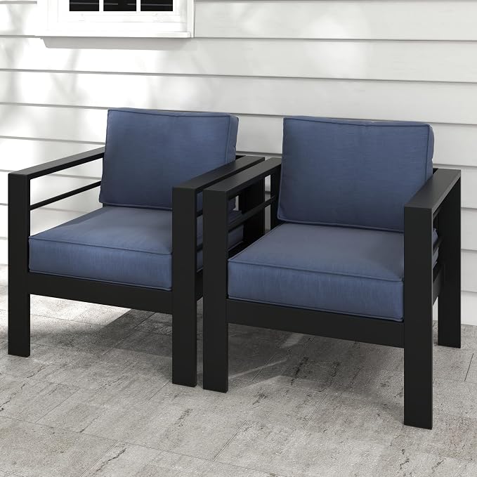 Kiss the Water Outdoor Patio Metal Furniture Chair, 2 PCS All-Weather Aluminum Outdoor Sofa with 5" Thick Soft Cushion and Wide Arm, Deep Seating Patio Couch for Balcony, Porch, Backyard