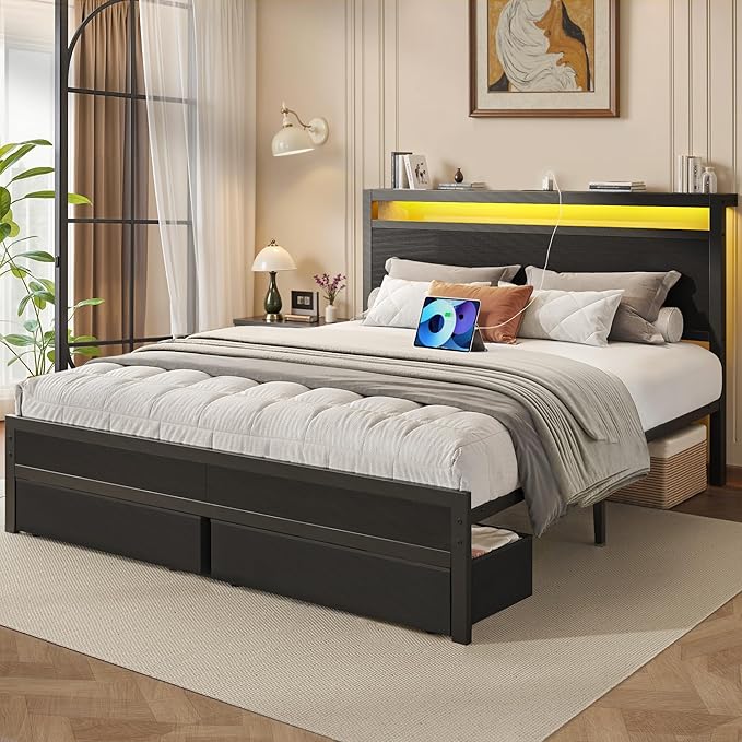 Fluest Queen Bed Frame,Queen Bed Frame with Storage Headboard & 2 Storage Drawer, Charging Station & LED Light, No Box Spring Needed, Noise Free, Easy Assembly, Classic Black