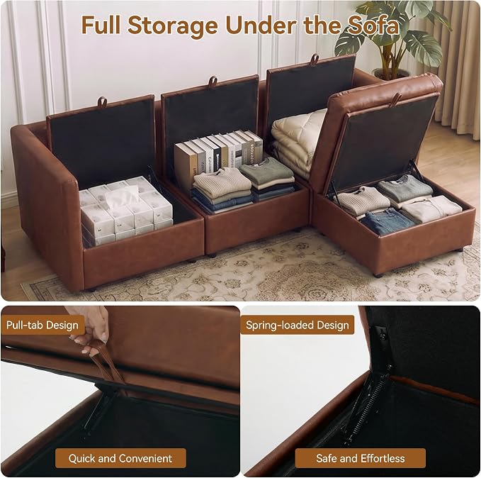 80" Brown Faux Leather Storage 3 Seater Sofa with Ottoman, Comfy Couch | Convertible Modular Sectional Sofa, L Shaped Oversized Couch, Upholstered Large Cloud Couch For Living Room, Apartment.