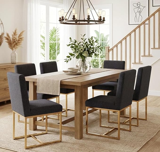 VESCASA Linen Upholstered Dining Chairs Set of 4, Mid Century Modern Padded Chair with Gold Metal Frame for Restaurant, Dining Room, Kitchen, Charcoal