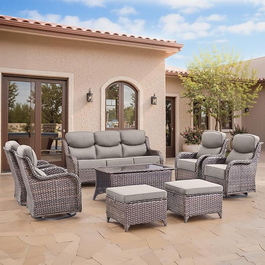 Luxury Patio Sofa 3-Seat Wicker Couch with 6" Thick Cushion - Outdoor Furniture Rattan Sofa with Deep Seating High Back Outdoor Sofa for Patio Garden Balcony Sunroom Backyard, Brown Grey