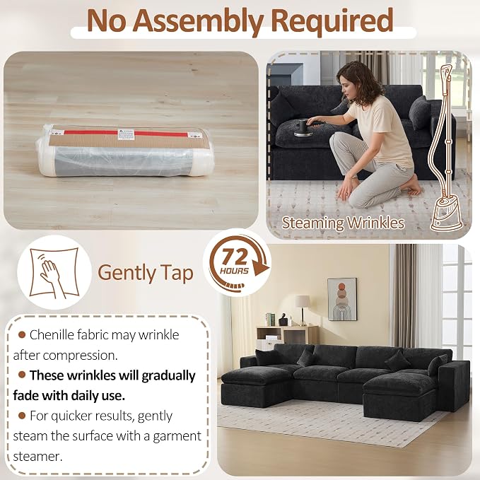 146''Cloud Boneless Modular Couch, Oversized Sectional Sofa Deep Seat with 2 Ottomans, Modern Upholstered Convertible U Shape Couch Comfy 6 Seater Chenille Sofa Couches for Living Room, Dark
