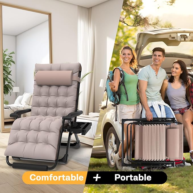 Slendor Oversized Zero Gravity Chairs XXL, Padded Zero Gravity Lounge Chair, Lawn Recliner, Folding Patio Reclining Chair w/Aluminum Alloy Lock, Headrest, Cup Holder, Support 500lbs, Khaki