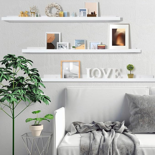 MBYD Whtie Wood Floating Photo Shelves 48 Inch Long Wall Mounted Picture Photo Ledge Display Shelf Nursery Book Shelves for Bedrooms Office Living Room Kitchen 3 Same Sizes