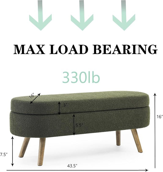 43.5" Ottoman with Storage, Storage Ottoman Bench with Safety Hinge, Foam End of Bed Bench, Upholstered Entryway Bench for Bedroom, Living Room & Window, Holds up to 330 lb, Green