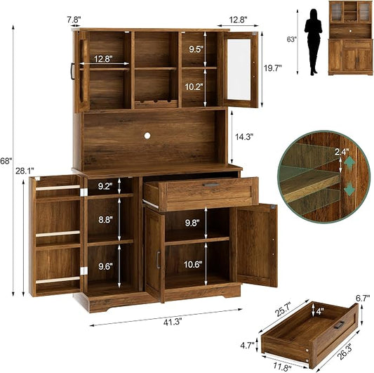 Shintenchi Kitchen Pantry Storage Cabinet, Freestanding Buffet Cabinet with Microwave Stand & 3 Door Shelves, Kitchen Hutch with Doors, Adjustable Shelves and Wine Rack, Brown