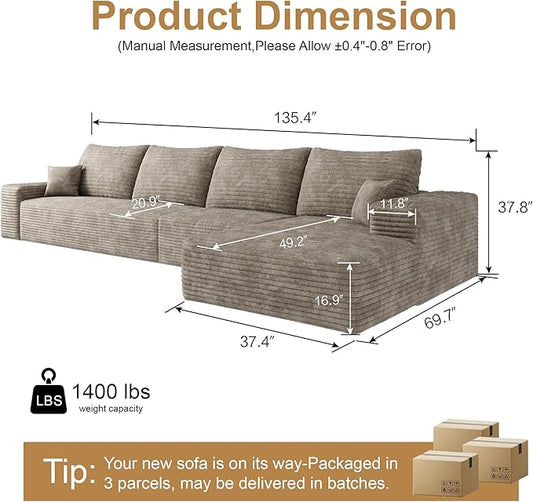 AUGOP 136" Sectional Couches for Living Room Modern Modular Sofa with L-Shape Couchs Upholstered Boneless Couch Deep Seat Sectional Couch with Chaise (Camel, Right Facing Chaise+3Seaters)