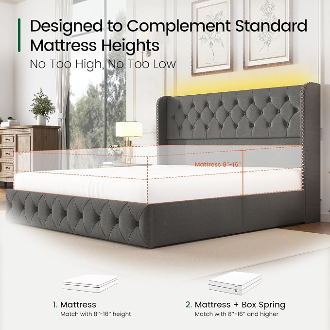 LARMACE King Size Bed Frame with LED Lights and 4 Storage Drawers Linen Upholstered Platform Bed Frame with 47.2" Tall Tufted Headboard Wingback, No Box Spring Needed, Easy to Assemble, Grey