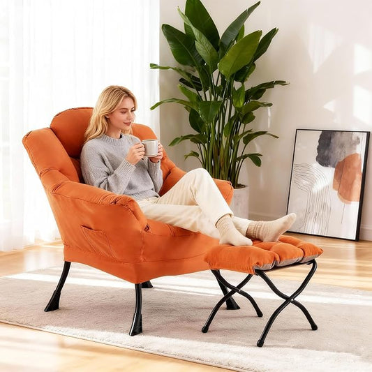 Welnow Lazy Chair with Ottoman for Living Room, Modern Reading Accent Chair with Armrests and a Side Pocket, Leisure Upholstered Lazy Sofa for Small Space, Bedroom, Dorm, Orange
