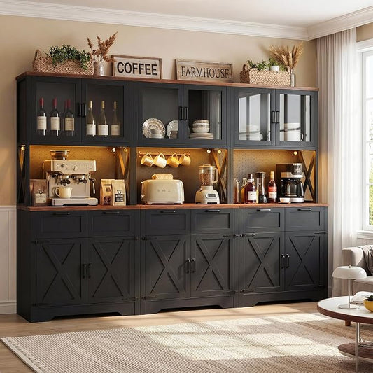 Unikito 94.5" Wide Kitchen Pantry Cabinet with 3 Power Outlets & LED Light, 71" Tall Large Kitchen Hutch with Countertop, DIY Pegboard with 18 Hooks & 6 Drawers, Farmhouse Food Pantry, Rustic Black