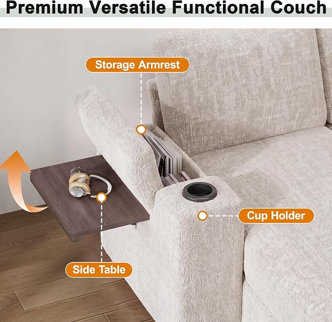 Vipbear Premium 111" Modular Sectional Sleeper Sofa, 7 Seat Sleeper Sofa with Pull Out Bed, L Shaped Couch with Storage Chaise|USB Ports|Cup Holders|Storage Armrests|Side Table, White