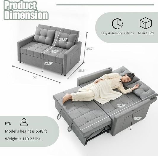 GOSUHI 52" Sleeper Sofa with Pull-Out Bed, 3-in-1 Convertible Sofa Bed, Set of Loveseat with Stepless Adjustable Backrest and Side Pocket, for Living Room Dorm Apartment, Linen, Light Gray