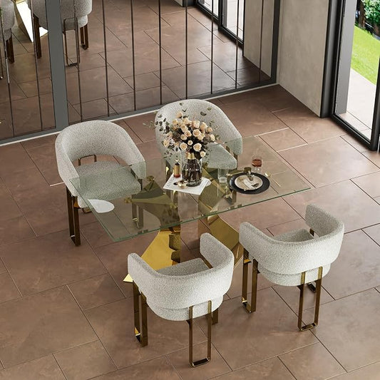 Boucle Dining Chairs Set of 4, White Barrel Dining Chairs with Arms and U-Shaped Mirrored Gold Legs, Modern Side Chairs for Dining Table, Kitchen and Dining Room Restaurant Recepition