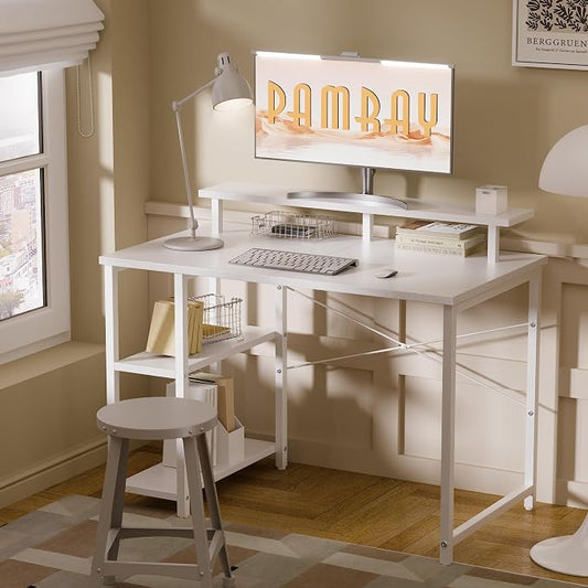Pamray 33.5 Inch Small Computer Desk with Monitor Stand and Shelves | Sturdy, Space-Saving, Easy Assemblely, Suitable for Bedroom, Office, Apartment and Dorm, Used for Writing and Studying