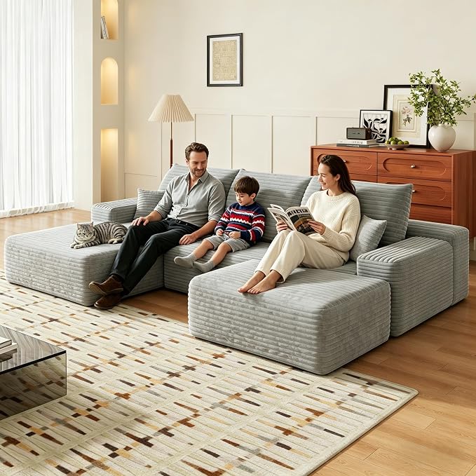 37.4" Plush Corduroy Ottoman, Upholstered Cloud Ottoman for Boneless Couch in a Box, Modular Sectional Couches for Living Room Bedroom, Compressed Memory Foam, No Assembly Require, Grey
