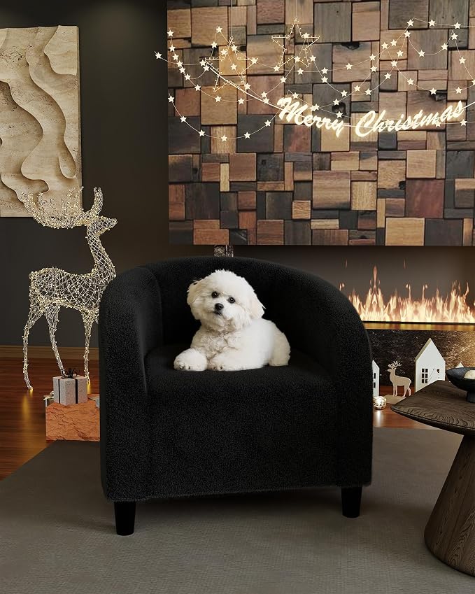GarveeHome Accent Chair Living Room Chairs Barrel Boucle Chairs Comfy Armchairs for Bedroom Reading Room Reception Chairs(Black)