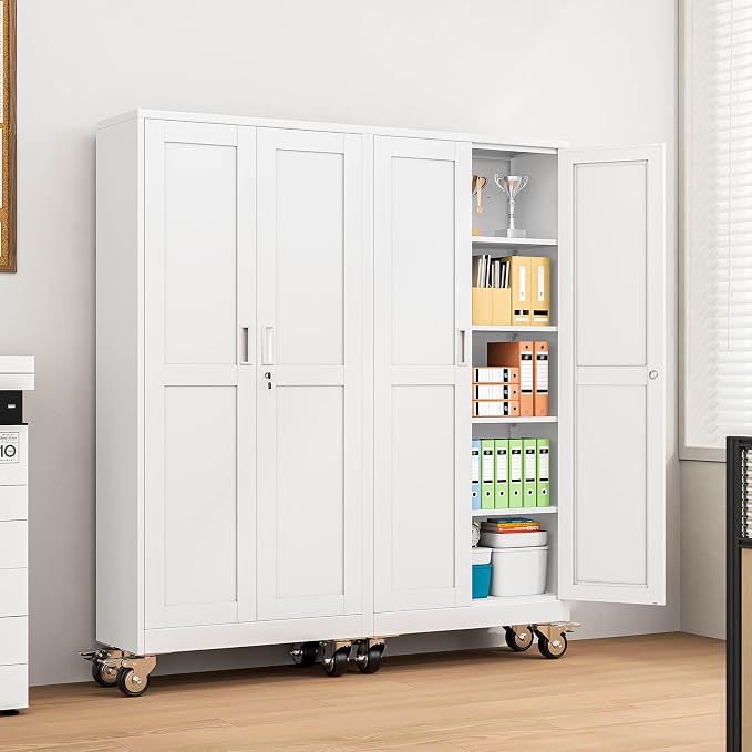 Metal Garage Storage Cabinet, 71”Tall Rolling Utility Cabinet White | storage system with Wheels, Lock, 4 Adjustable Shelves, Heavy Duty Steel Tool Locker for Home Office, Utility Room, Gym
