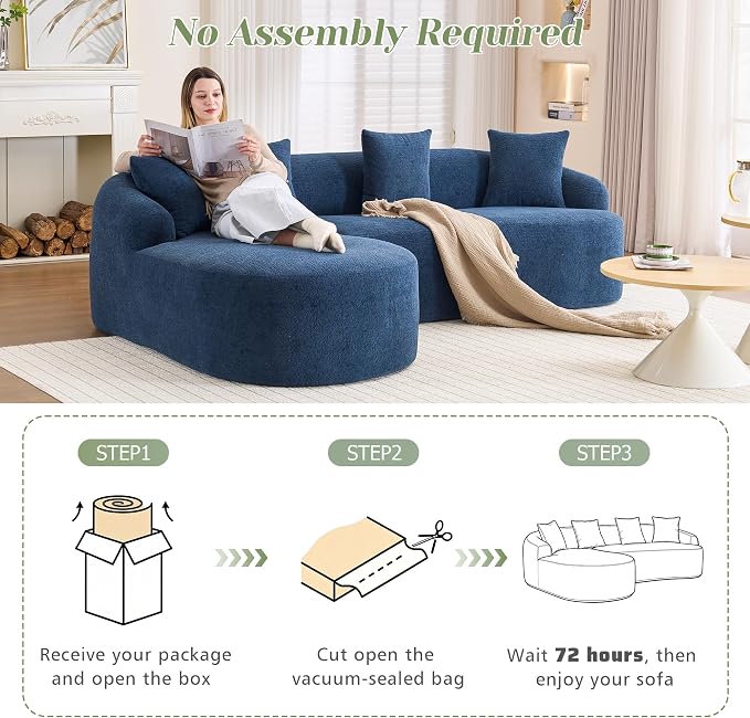 99" Curved Sofa with L-Shape Chaise,Modern Cloud Curved Couch with Deep Seat,No Assembly Required,Upholstered Oversized Couches for Living Room,Apartment (Blue, 99Inch)