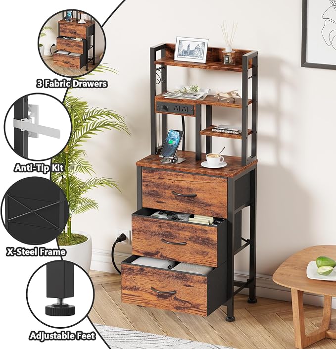 Furnulem Night Stand Set 2, 45.3" Tall Bedside End Table, Rustic Brown | RGB LED Lights, 4-Tier Storage Shelves & 3 Fabric Drawers, Metal Frame, Wood Desktop, Easy Assembly for Bedroom Dorm Hallway