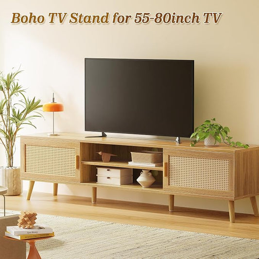 SUPERJARE 70.9 Inch Boho TV Stand for 75 Inch TV, Entertainment Center with Adjustable Shelf, Rattan TV Console with 2 Cabinets, Media Console, Solid Wood Feet, 4 Cord Holes, for Living Room, Natural
