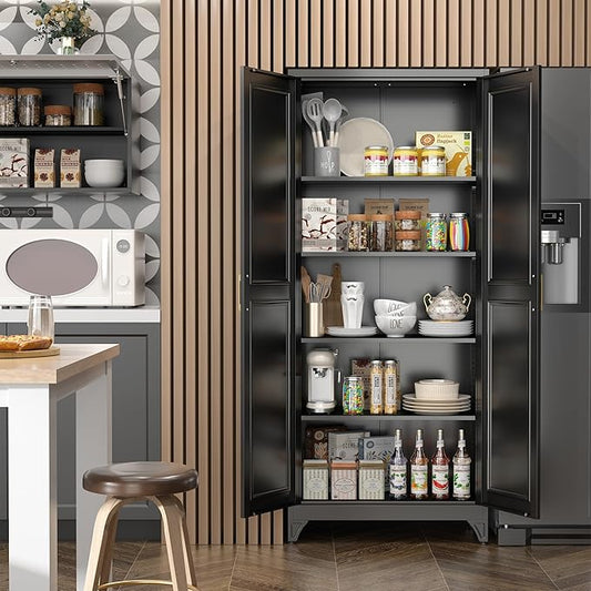 SteeLoong Kitchen Pantry Cabinet,75”Black Metal Storage Cabinets with Doors and 4 Adjustable Shelves,Kitchen Cabinet with 2 Gold Handles,Tall Cabinet for Livingroom, Bathroom