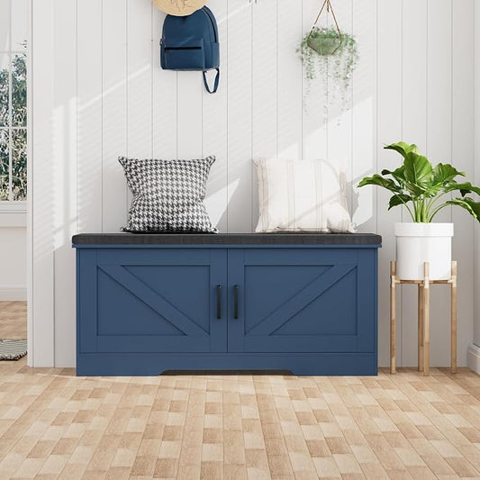 HOMSHO Farmhouse Shoe Storage Bench with 2 Barn Doors & Padded Seat Cushion | 39.4" Wide Entryway Bench with Adjustable Shelves & Hidden Storage, Blue