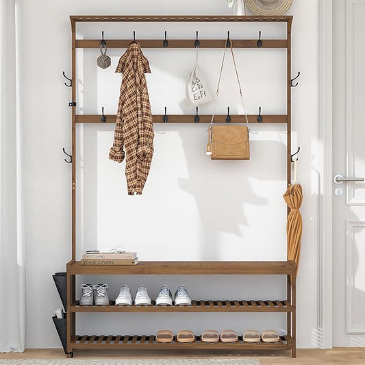 AMBIRD 6-in-1 Bamboo Hall Tree with Shoe Storage, Entryway Organizer Shoe Bench with 16 Coat Hooks and Cloth Bag, Sturdy Bamboo Storage Bench, 46 * 15 * 70 inches Brown