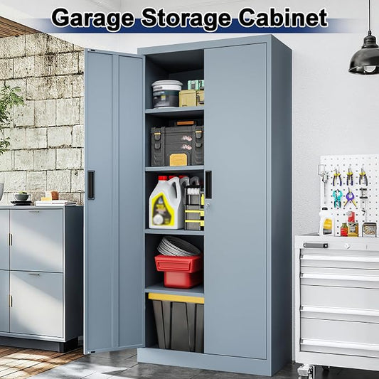 BESFUR Metal Garage Storage Cabinet with Locking Doors and 4 Adjustable Shelves, Gray Tall Storage Cabinets, Tool File Lockable Cabinet for Garage Office Warehouse Shop(71”H)
