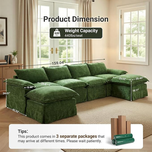 Claiks 157" Modular Boneless Couch, U Shaped Couch for Living Room, Modern Deep Seat Sofa 4 Seater Chenille Fabric Comfy Cloud Couches with Movable Ottoman, Dark Green